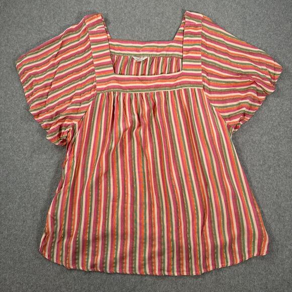 Cato Est. 1946 Pink Stripe Metallic Square Neck Blouse Women 26/28W Short Sleeve - Picture 1 of 7